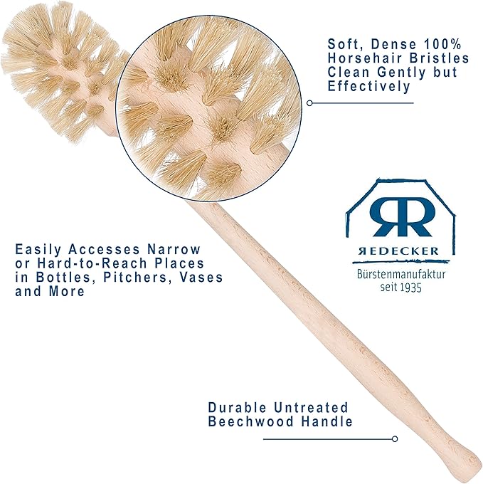 REDECKER Bottle Brush Cleaner - Horsehair and Beechwood Handle for Vases, Pitchers, Mugs, and Baby Bottles, 13-3/4 Inch, Dense Natural Bristles - Wooden Bottle Brush - Bottle Brush Wood Handle