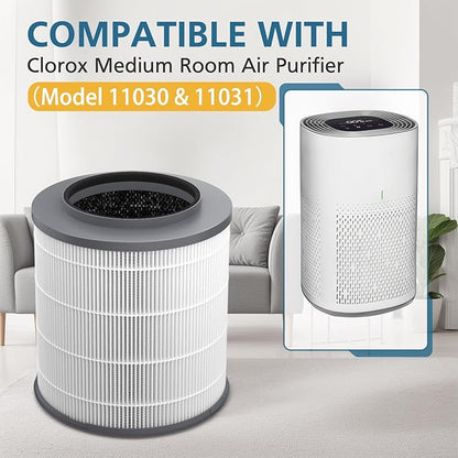 2-Pack 12030 HEPA Replacement Filter, 1,000 Sq. Ft. Capacity, Compatible with Clorox Medium Room Air Purifier 11030 & 11031, 3-in-1 HEPA Filter for Dust, Pet Dander, Pollen, #12030