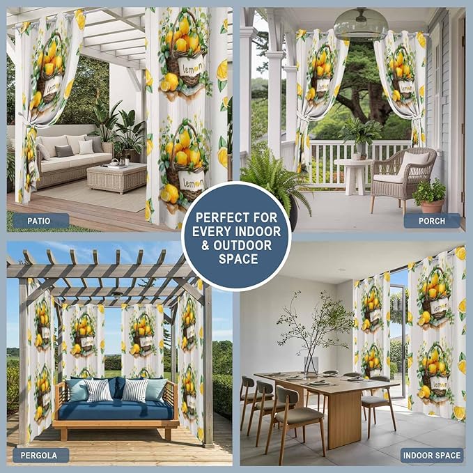 Lemon Outdoor Curtains for Patio Lemons Baskets Summer Tropical Plant Wood Waterproof Outside Curtains with Grommet Top Weatherproof Curtain for Cabana Pergola Gazebo, 2 Pack, 54" W x 95" L
