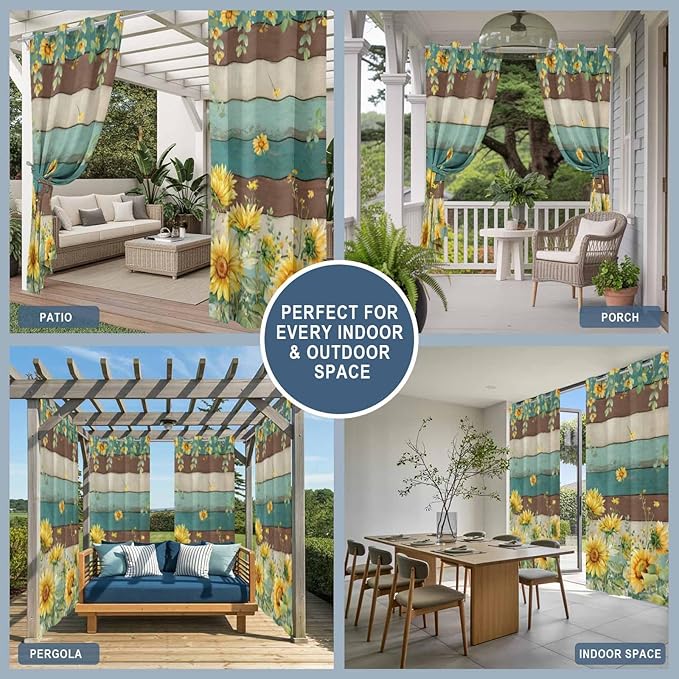 Sunflowers Outdoor Curtains for Patio Summer Floral Eucalyptus Leaves Vintage Wood Waterproof Outside Curtains with Grommet Top Weatherproof Curtain for Cabana Pergola Gazebo, 2 Pack, 54" W x 108" L
