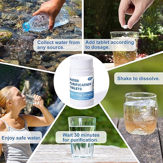 Water Tablets Purification for Drinking (100 Count) - Water Filtration System Survival for Camping, Boating, Hiking, Backpacking, Emergencies - Portable Water Treatment for Safe Drinking Anywhere