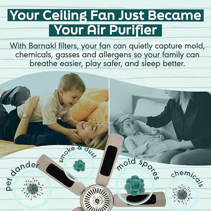 Barnakl Ceiling Fan Air Purifier Pads, Activated Coconut Shell Carbon Fan Filters Trap Dust, Odors & Allergens, Easy-Stick Universal Fit for Ceiling Fan Blades, Odorless & Unscented - (3 Count)
