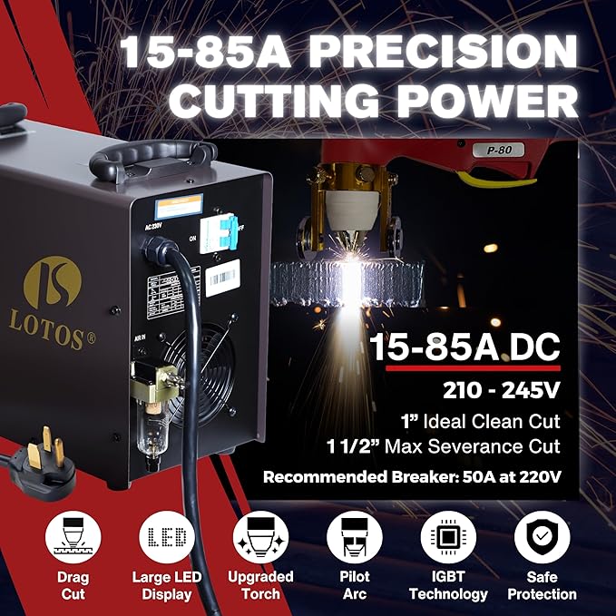 LTP8500 | 85A HF Pilot Arc Plasma Cutter, Drag-Cut Enabled, 1" Clean (1.5" Sever), 220V Single-Phase, LED Controls & Front Regulator, Portable Air Plasma Cutter for Fab, Auto, HVAC