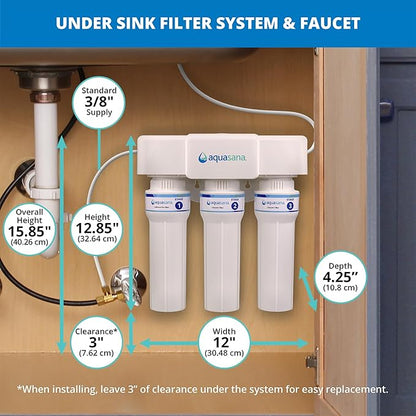 Aquasana Under Sink Water Filter | 3-Stage Max Flow Claryum Filtration | WQA Certified to Reduce PFAS, Lead & Chlorine | Under Counter Drinking Water Filter | Brushed Nickel Faucet | AQ-6300M-BN