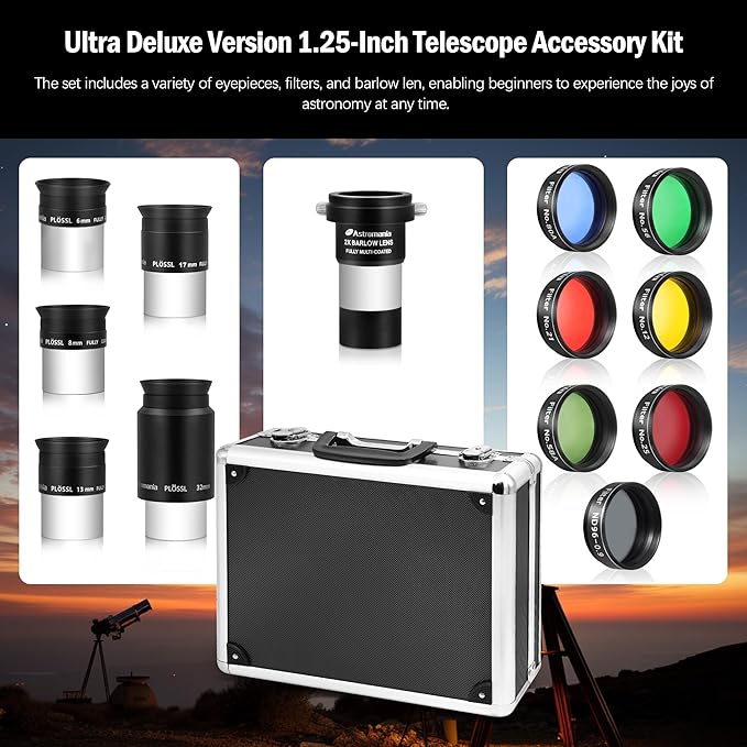 Astromania 14 Piece Telescope Accessory Kit 1.25 Inch Telescope Eyepiece and Filter Set Deluxe Version, 5pcs Plossl Eyepiece Set, 6pcs Colored Filter Set, Moon Filter, 2X Barlow Lens&Sturdy Carry Case
