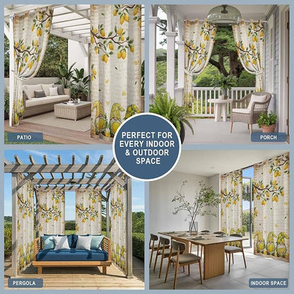Summer Gnome Outdoor Curtains for Patio Gnome Lemon Leaf Vintage Waterproof Outside Curtains with Grommet Top Weatherproof Curtain for Cabana Pergola Gazebo, 1 Panel, 54" W x 84" L