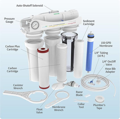 Aquatic Life 4-Stage Hydroponic Reverse Osmosis Water Filter System RO Filtration Unit, High Efficiency, 150 GPD