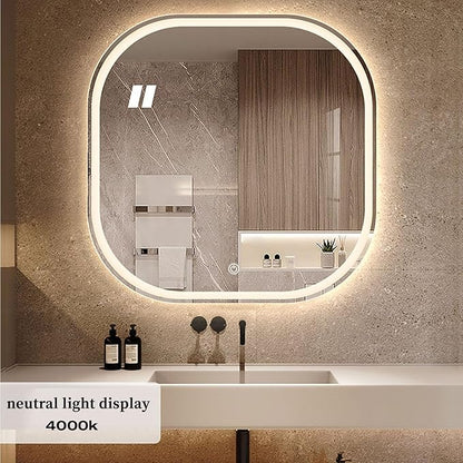 JSLJDM 500X500 mm Illuminated Backlit LED Bathroom Mirror, Wall Mounted Multifunction Bathroom Vanity Mirror with Lights and Demister Pad, Energy-Saving Illuminated Smart Mirror 50cm tricolorlight