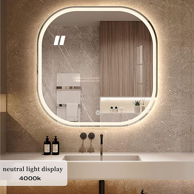 JSLJDM 500X500 mm Illuminated Backlit LED Bathroom Mirror, Wall Mounted Multifunction Bathroom Vanity Mirror with Lights and Demister Pad, Energy-Saving Illuminated Smart Mirror 80cm tricolorlight