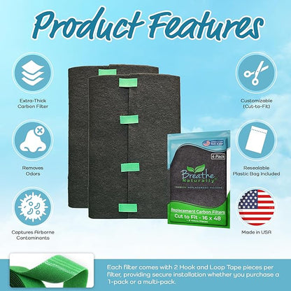 Breathe Naturally Universal Cut To Fit Carbon Activated Air Filter - Replacement Charcoal Filters - Pre Filter Carbon Sheet for Air Purifier, Vent Filters & More - Packed in USA (Pack of 4, 16x48)
