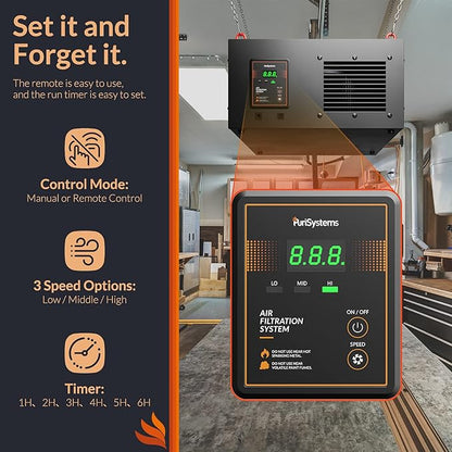 Purisystems 3-Speed Remote Air Filtration System, PuriCare 1100 Hanging Air Filter Remote for Woodworking, Garage Air Purifier, Shop Dust Collector, up to 1100 sq. ft (1100 CFM)