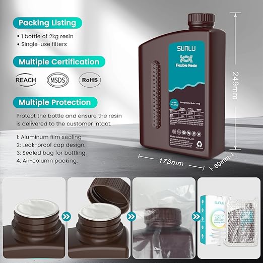 SUNLU Flexible 3D Printer Resin, 66A 3D Printing Resin for Printing Soft and Flexible Items, Bendable and Not Brittle, Fast Curing 405nm UV Photopolymer Resin. 1000G Gray
