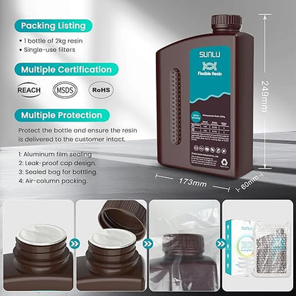 SUNLU Flexible 3D Printer Resin, 66A 3D Printing Resin for Printing Soft and Flexible Items, Bendable and Not Brittle, Fast Curing 405nm UV Photopolymer Resin. 1000G Gray