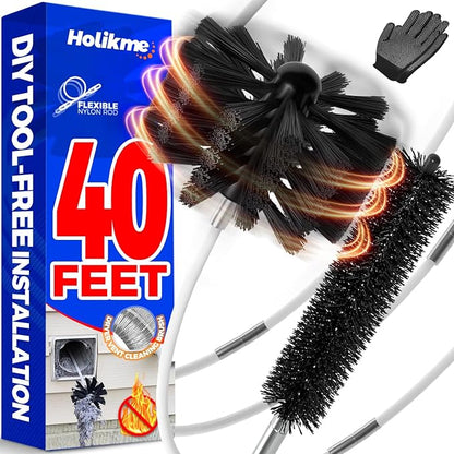 Holikme 40 Feet Dryer Vent Cleaner Kit, Flexible Lint Brush with Drill Attachment, Extends Up to 40 Feet for Easy Cleaning, Synthetic Brush Head, Use with or Without a Power Drill