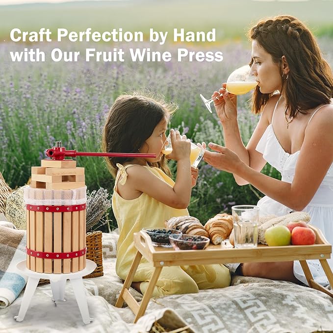 CAELUM Fruit Wine Press,3.2 Gallon Wood Fruit and Cider Press Squeezer With T-Handle, Juice Maker, Wine Making Press Squeezer for Outdoor, Kitchen（Red）