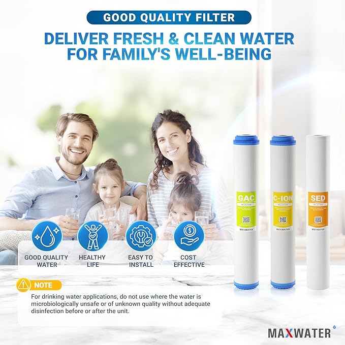 (3 Pack) Max Water Whole House Water Filter Set 20" x 2.5" Slim Blue Cation Resin, GAC Carbon, PP Sediment Water Filters for 20" Slim Blue Whole House Filtration Systems