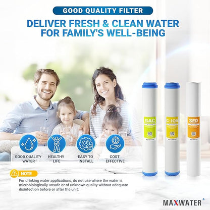 (3 Pack) Max Water Whole House Water Filter Set 20" x 2.5" Slim Blue Cation Resin, GAC Carbon, PP Sediment Water Filters for 20" Slim Blue Whole House Filtration Systems