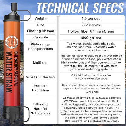 Straw Water Filter 8 Pack – Outdoor Camping & Hiking Survival Gear Kit for Family Use, Ultra-Light Personal Filter Straws for Backpacking, Travel, Bug-Out Bags and Emergency Preparedness