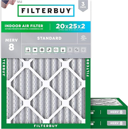 Filterbuy 20x25x2 Air Filter MERV 8 Essential Dust & Allergy Defense (3-Pack), Electrostatic Pleated HVAC AC Furnace Filters Replacement, Made in USA (Actual Size: 19.50 x 24.50 x 1.75)