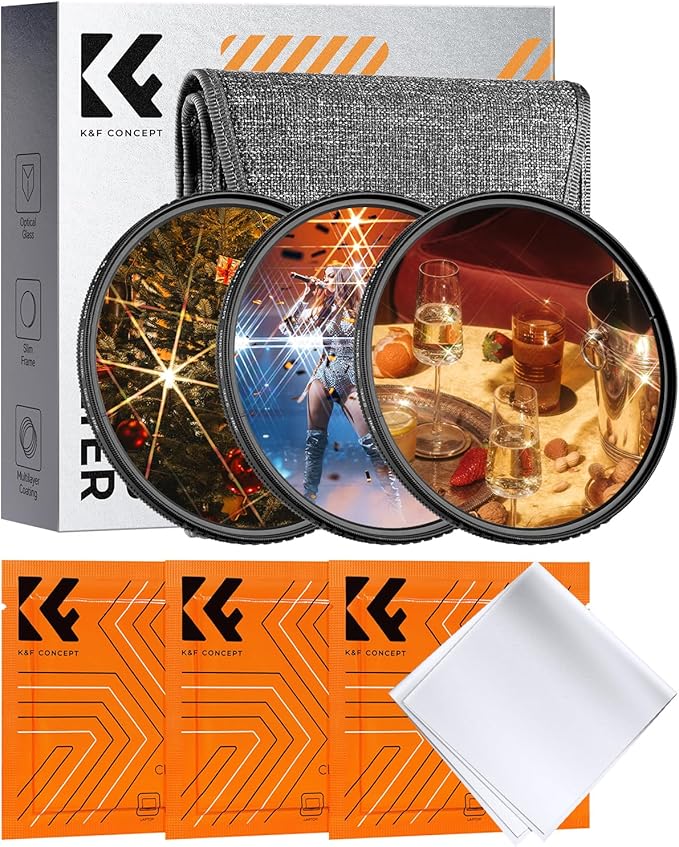 K&F CONCEPT 67mm Star Filters Kit (3pcs) 4 Points 6 Points 8 Points Cross Screen Starburst Filters Set -18 Layer Coating Ultra Slim Optical Glass Camera Lens Filter with 3 Cleaning Cloth