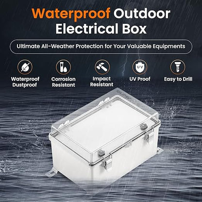 QILIPSU Waterproof Junction Box IP67 Outdoor Plastic Electrical Project Enclosure Weatherproof with Inner Door, Mounting Plate, Wall Brackets, Hinged Clear Cover 11.8"x7.9"x6.7" CC-D
