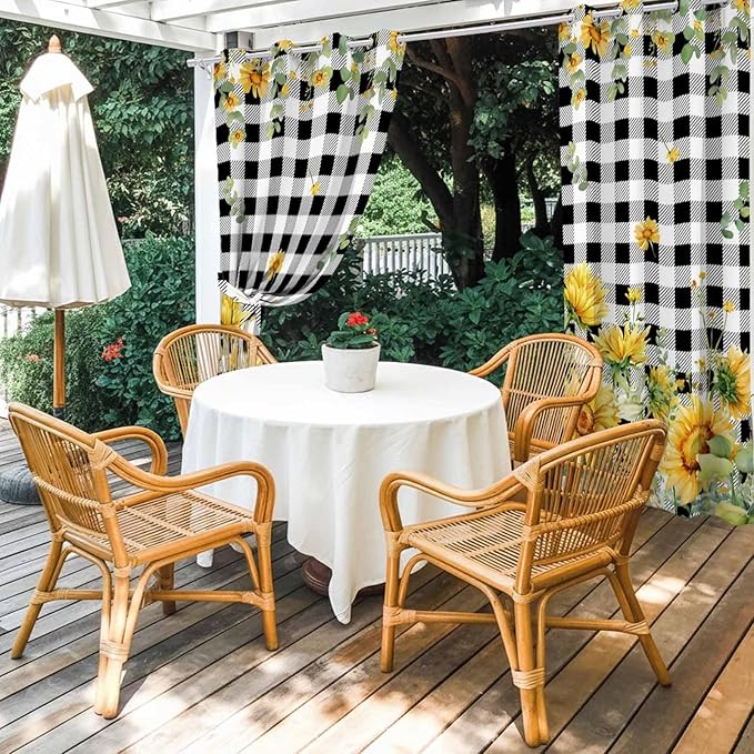 Sunflowers Outdoor Curtains for Patio Summer Floral Eucalyptus Leaf Buffalo Check Waterproof Outside Curtains with Grommet Top Weatherproof Curtain for Cabana Pergola Gazebo, 1 Panel, 54" W x 95" L