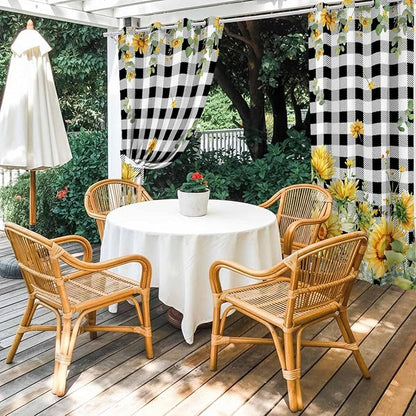 Sunflowers Outdoor Curtains for Patio Summer Floral Eucalyptus Leaf Buffalo Check Waterproof Outside Curtains with Grommet Top Weatherproof Curtain for Cabana Pergola Gazebo, 1 Panel, 54" W x 95" L
