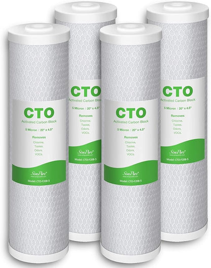 SimPure Whole House Water Filter Cartridges 5 Micron 20" x 4.5" CTO Activated Carbon Block, For DB20P, FC25B, CTO20BB, WHB20, 4 Pack