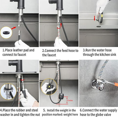 Single Handle Kitchen Faucet with Pull Down Sprayer Modern Stainless Steel Arc Kitchen Faucet Brushed Nickel, Commercial Kitchen Sink Faucet with Deck (Matte Black, with Pull Down Sprayer)