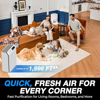 Air Purifiers for Home Large Room, Cover Up to 1,996 Ft² with True HEPA Filter & Washable Pre-Filter, Sleep Mode, PM2.5 Air Quality Monitor, Air Purifier for Bedroom, Pet Hair, Dust, Smoke, White