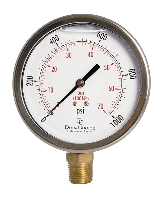 4" Oil Filled Pressure Gauge - Stainless Steel Case, Brass, 1/2" NPT, Lower Mount Connection, 0-1,000PSI