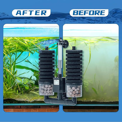Aquarium Sponge Filter 15-55 Gallon Fish Tank Filter, Electric Power Double Sponge Filter, Quiet Small Low Flow Foam Filter for Fish Tank Betta Shrimp, Intake Dual Sponge Filter Kit w/Bio Balls &Pump