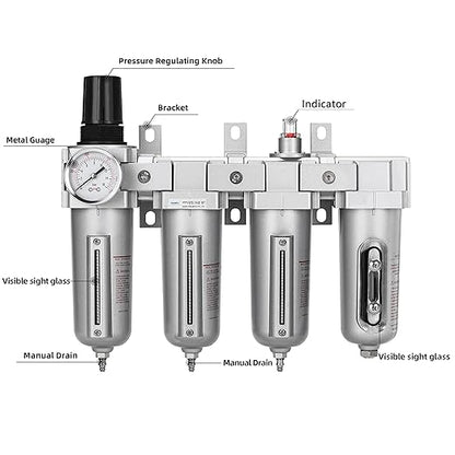 NANPU 3/4" NPT Industrial Grade 4 Stage Air Drying System - Double Particulate Filters, Coalescing Filter, Desiccant Dryer & Air Regulator, Metal Bowl, Manual Drain, for Paint Spray＆ Plasma Cutter