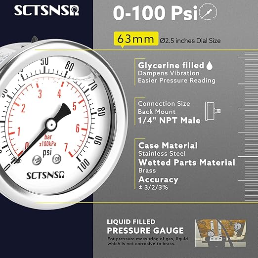 2-1/2" Dial Size, 0-100 Psi Pressure Gauge, Glycerin Liquid Filled, 1/4" NPT Back Mount, Stainless Steel Case, for Water Pump, Pneumatic Air, Well Tank, RV Hose, Gas, Low Pressure Test