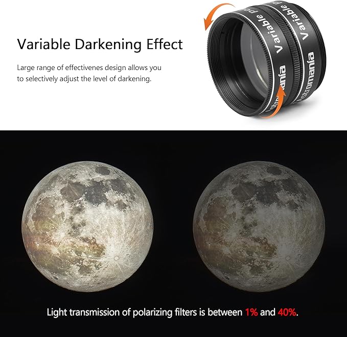 Astromania Telescope Filter, 1.25 Inch Variable Grey Polarizing Filter, Variable Polarizing Moon Filter for Astronomy Telescope & Eyepiece, Telescope Accessory with Adjustable 1-40% Light Transmission