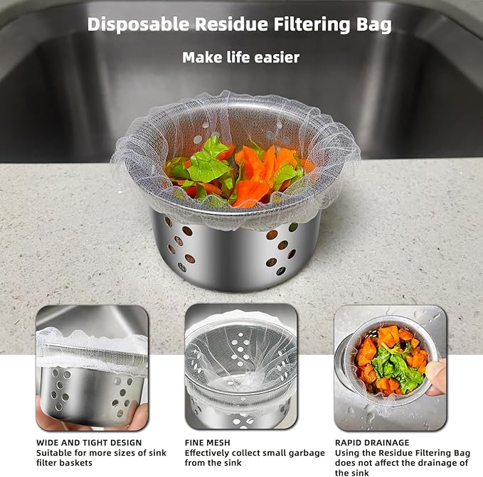 XMALL Disposable Residue Filtering Bag 200 PCS，Suitable For Collecting Garbage And Debris From Kitchen Sinks And Bathroom Drains To Prevent Blockages In Waterways.