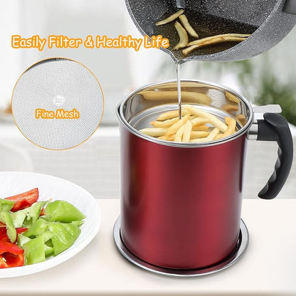 Kaemi 2.2L / 74OZ Bacon Grease Container with Strainer, Red Grease Keeper Can Oil Storage Catcher for Kitchen with Lid and Easy Grip Handle for Storing Meat Frying and Cooking Oil