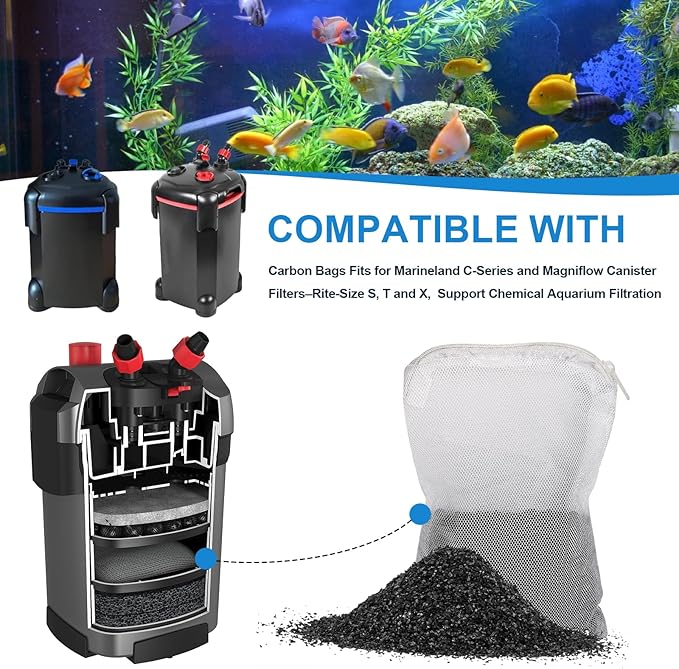 6Pack Aquarium Activated Carbon Bags Fit for Marineland All C-Series and Magniflow Canister Filters Rite-Size S, T and X, Charcoal Bags for Fish Tank Filter, Aquarium Carbon Media
