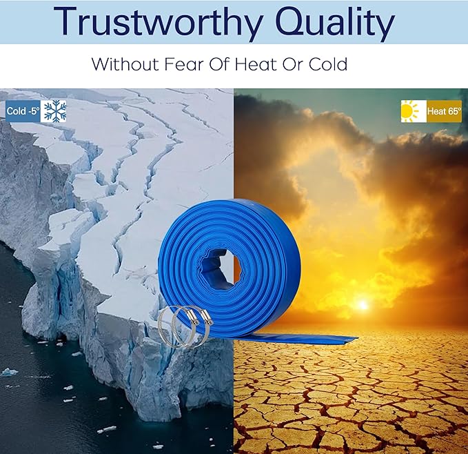 2" x 100FT Pool Backwash Hose, Heavy-Duty Pool Hose, Lay Flat Discharge Hose, Durable Burst Resistant, Pool Filter Pump Water Drainage, Sump Pump Discharge, with 2 Clamps