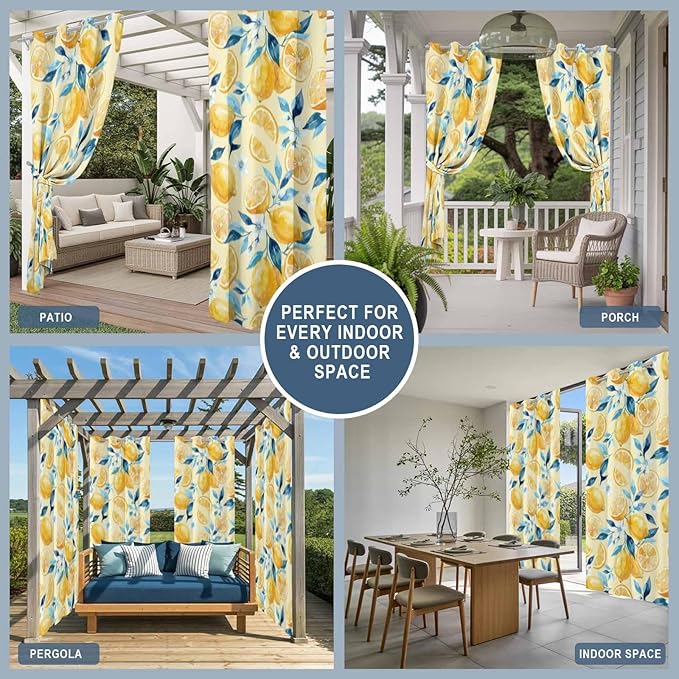 Lemon Outdoor Curtains for Patio Lemon Leaves Summer Plants Begin Waterproof Outside Curtains with Grommet Top Weatherproof Curtain for Cabana Pergola Gazebo, 1 Panel, 54" W x 108" L