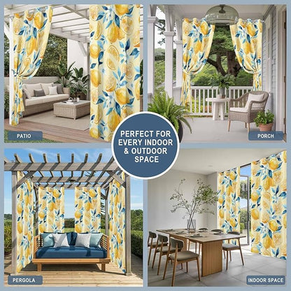 Lemon Outdoor Curtains for Patio Lemon Leaves Summer Plants Begin Waterproof Outside Curtains with Grommet Top Weatherproof Curtain for Cabana Pergola Gazebo, 1 Panel, 54" W x 84" L