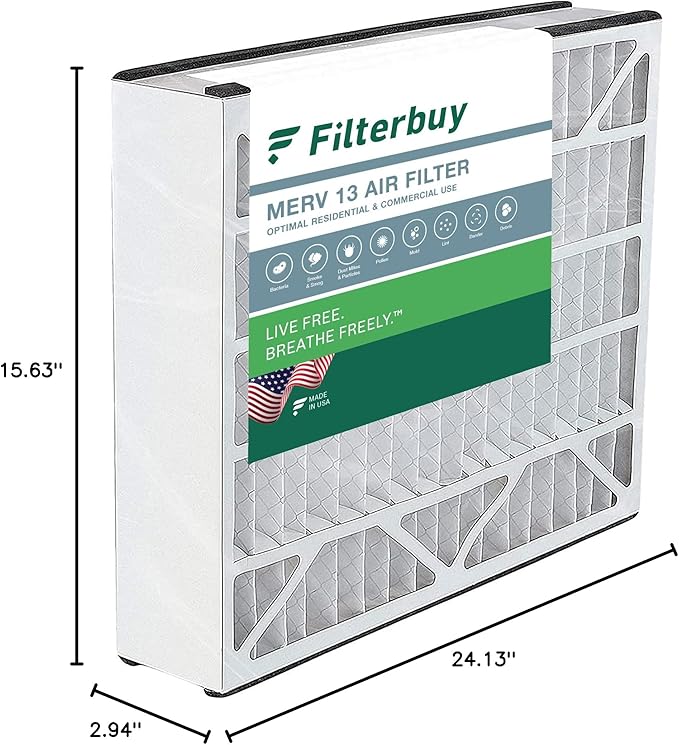 Filterbuy 16x25x3 Air Filter MERV 13 Optimal Smoke & Allergy Defense (1-Pack), Electrostatic Pleated HVAC AC Furnace Filters for Trion Air Bear, Lennox X0581 & More (Actual Size: 15.63 x 24.13 x 3.00)