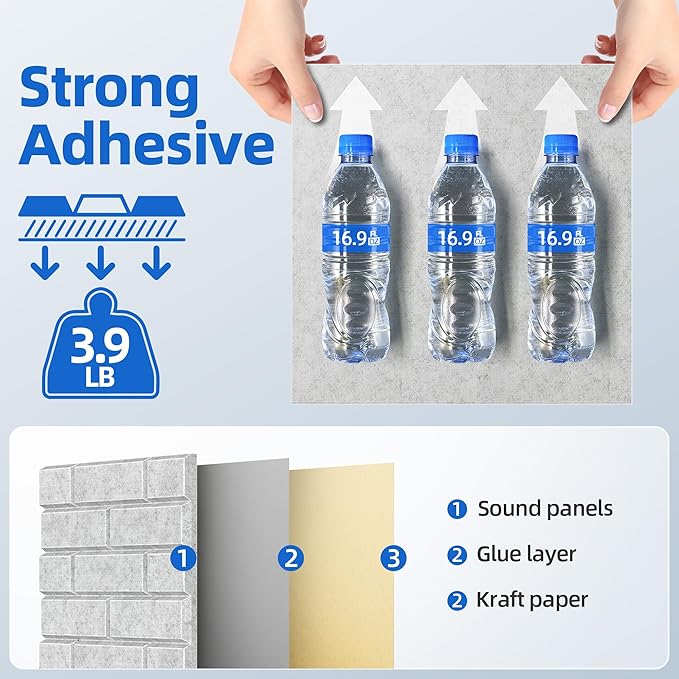 12 Pack Acoustic Panels with Self Adhesive, 12" X 12" X 0.4" High Density Sound Proof Foam Panels for Walls, Soundproof Wall Panels, Brick Sound Absorbing Panels for Home Studio Office Decor - Gray