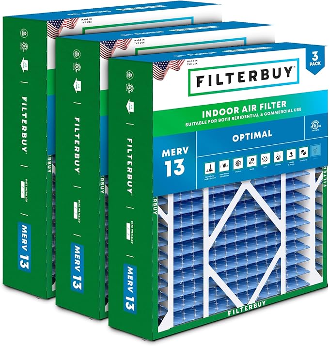 Filterbuy 21x24.5x5 Air Filter MERV 13 Optimal Smoke & Allergy Defense (3-Pack), Electrostatic Pleated HVAC AC Furnace Filters for Rheem, Ruud, and Protech (Actual Size: 20.63 x 24.13 x 4.38)