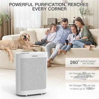 Azeus FS32 True HEPA Air Purifier for Large Rooms, White, High CADR 400m³/h, Smoke Dust Pet Dander Removal, Auto Mode with Air Quality Sensor