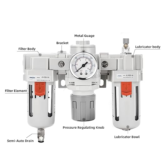 NANPU 1/2" NPT Air Filter, Regulator & Lubricator (FRL) Combo - Water/Oil Trap Separator - Pressure Gauge(0-150 psi), 5 Micron Brass Element, Semi-Auto Drain, Poly Bowl, Metal Bracket