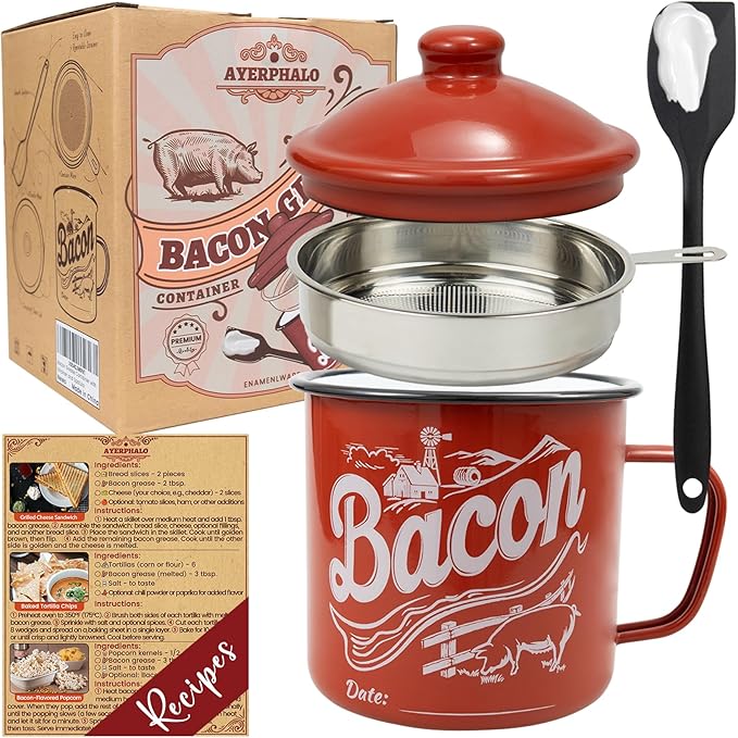 Bacon Grease Container with Strainer - With Food-Grade Silicone Spatula, 46oz Large Enamel Rustic Farmhouse Fat Container, Keeper, Recipes, Dishwasher Safe