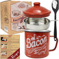 Bacon Grease Container with Strainer - With Food-Grade Silicone Spatula, 46oz Large Enamel Rustic Farmhouse Fat Container, Keeper, Recipes, Dishwasher Safe