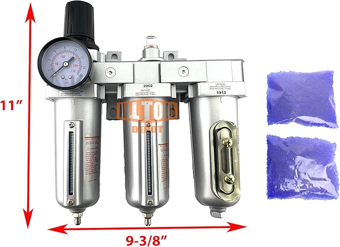 1/2" NPT HEAVY DUTY Industrial Grade Filter Regulator Coalescing Desiccant Dryer System For Compressed Air Lines, Metal Bowls, Great For Paint Spray And Plasma Cutter (MANUAL DRAIN)