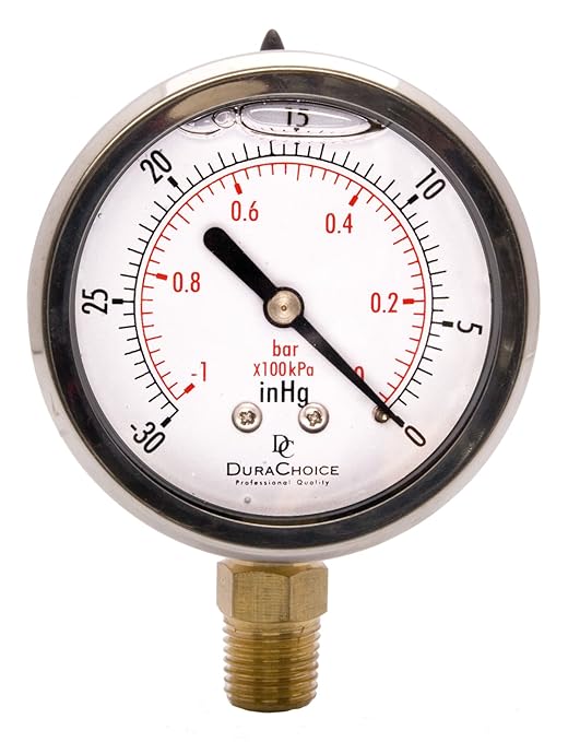 2-1/2" Oil Filled Vacuum Pressure Gauge - Stainless Steel Case, Brass, 1/4" NPT, Lower Mount Connection, 30HG/0